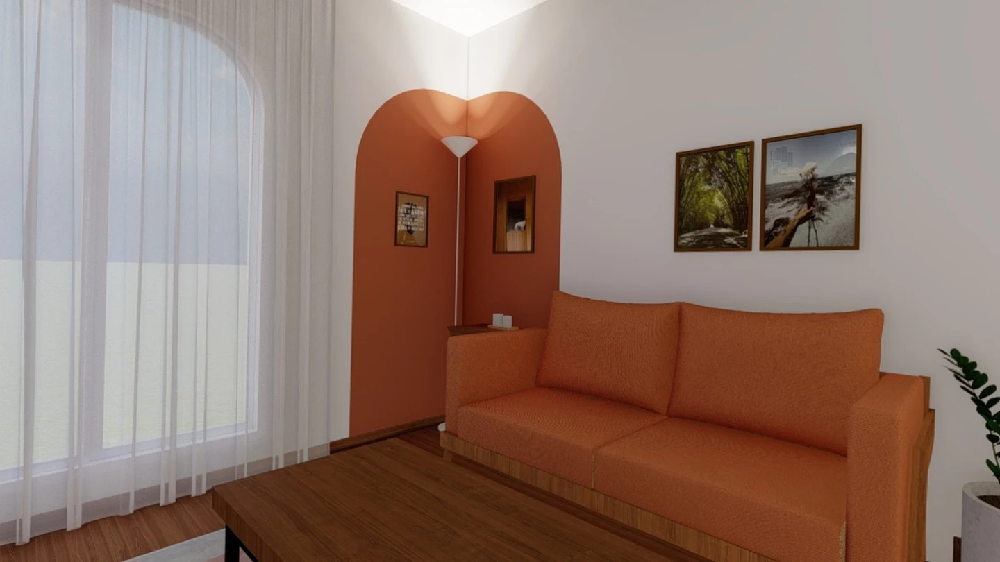 Render cru da sala com nicho em arco