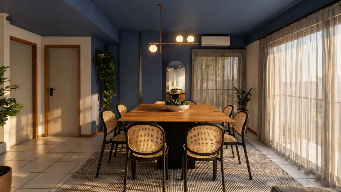 Sala de jantar com paredes azuis e cadeiras de palhinha